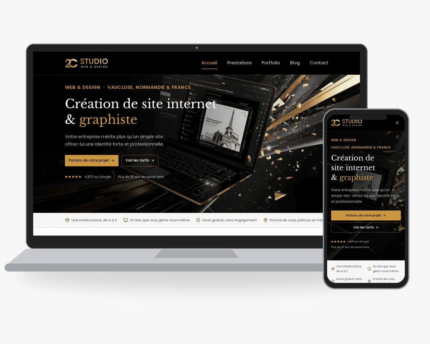 Site internet avec espace gérant présenté sur ordinateur et téléphone